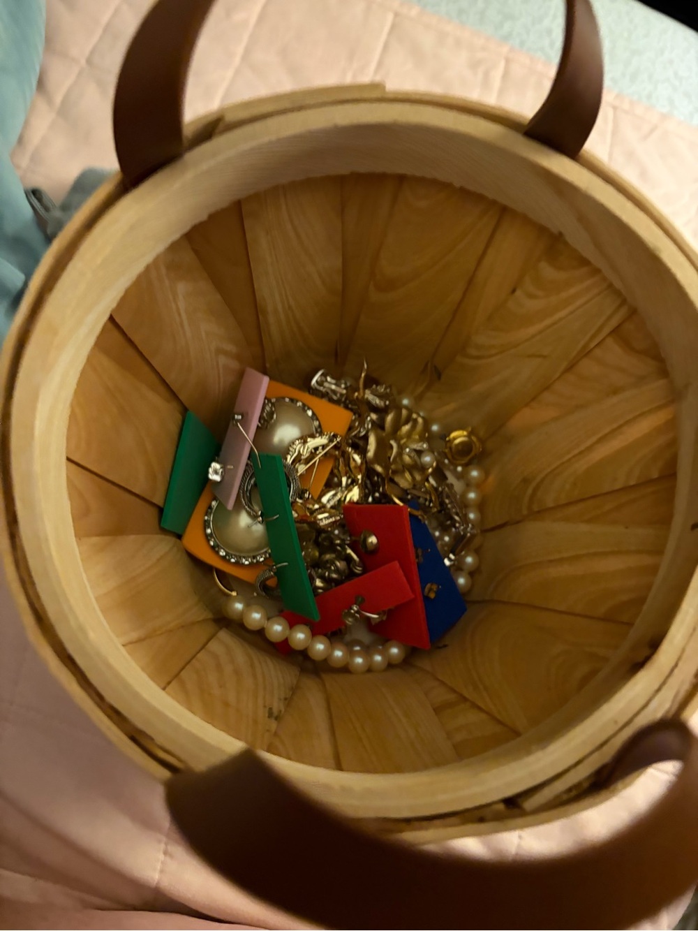 Rustic Wood Trug Basket with Brown Leather Handles with vintage jewelry lot